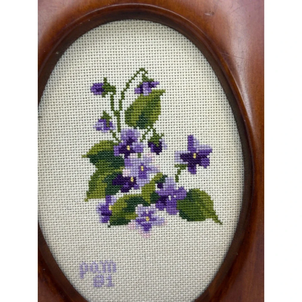Vintage 80's Hand Stitched Violet Cross Stitch Floral Oval Wood Frame 7x9